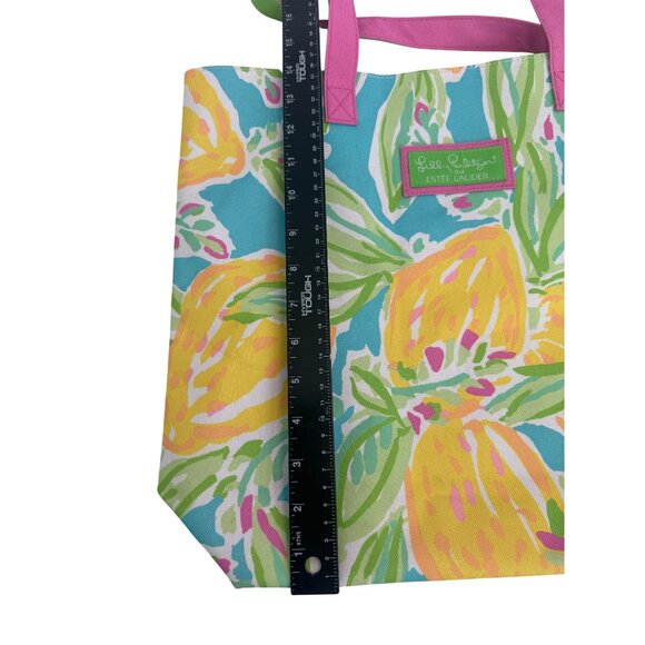 Lilly Pulitzer Estee Lauder Lemon Print Canvas Tote Bag Pink & Green Handles 16" - Picture 4 of 5
